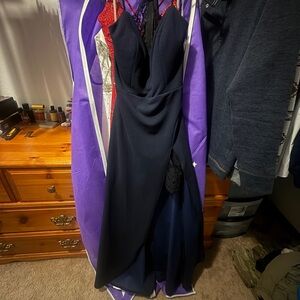 Navy Prom Dress with Thigh Slit and Black Lace